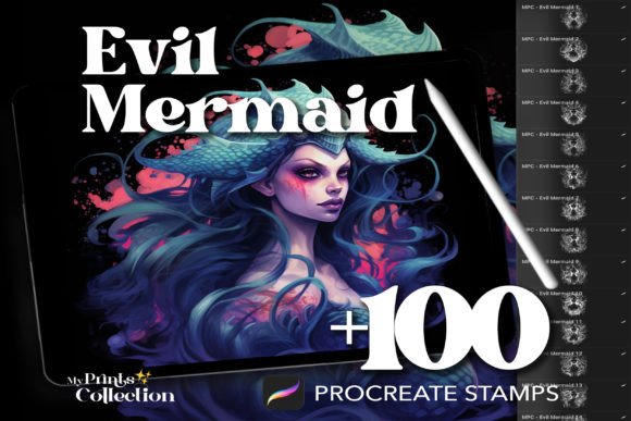 100 Procreate Evil Mermaid Stamps